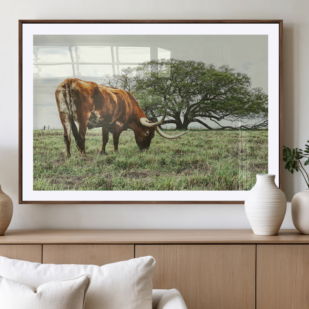 Texas Longhorn Wall Art Canvas Print, Framed Rustic Ranch Western Cattle