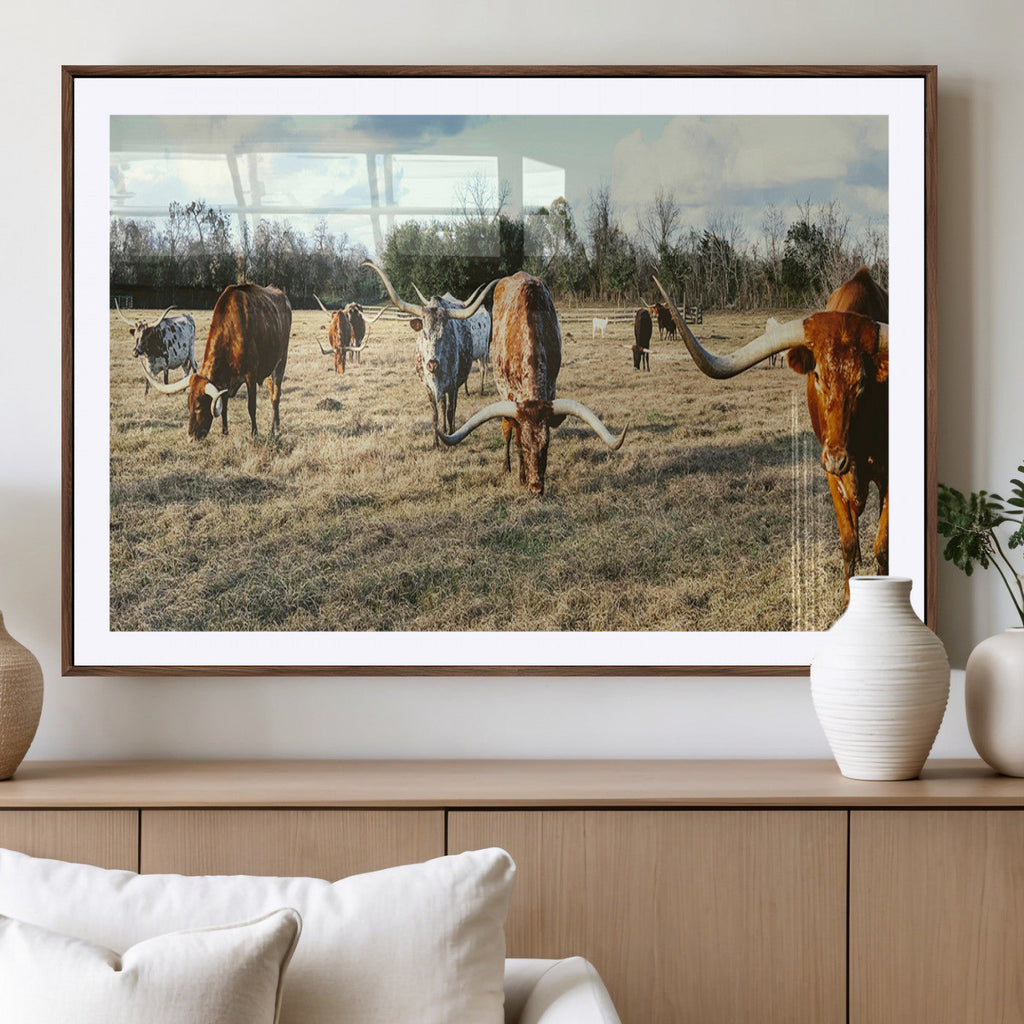 Texas Longhorns Wall Art Canvas Print, Framed Rustic Farm Scene Western Cattle