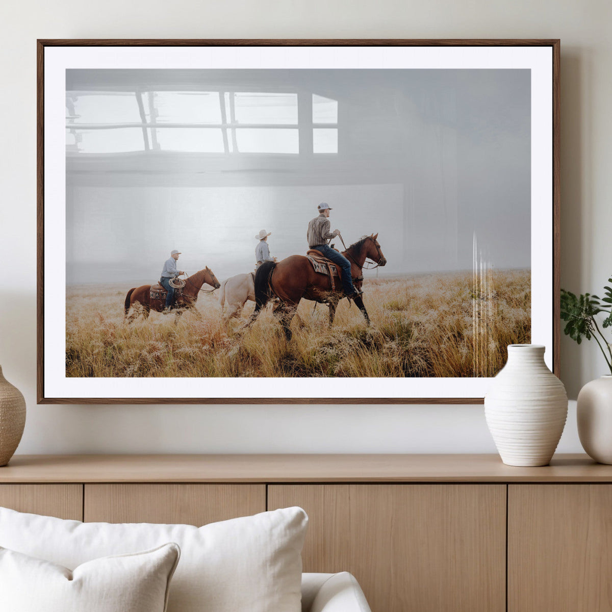 Western Cowboys Wall Art Canvas Print, Framed Horseback Riders on a Rustic Prairie