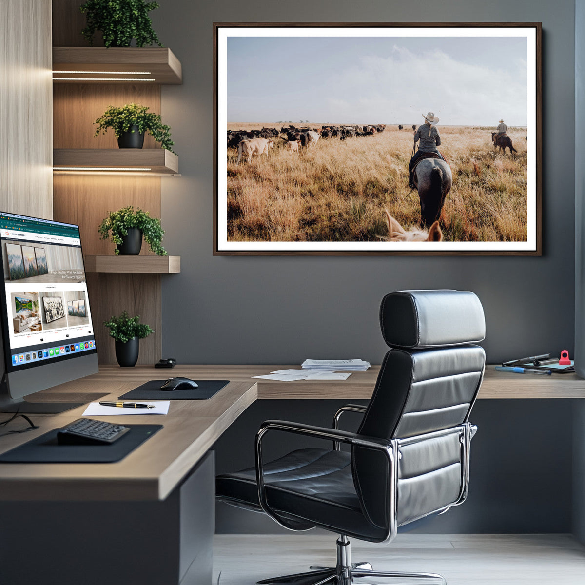 Western Wall Art Canvas Print, Framed Cowboy Cattle Drive Scene