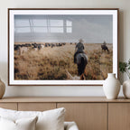 Western Wall Art Canvas Print, Framed Cowboy Cattle Drive Scene