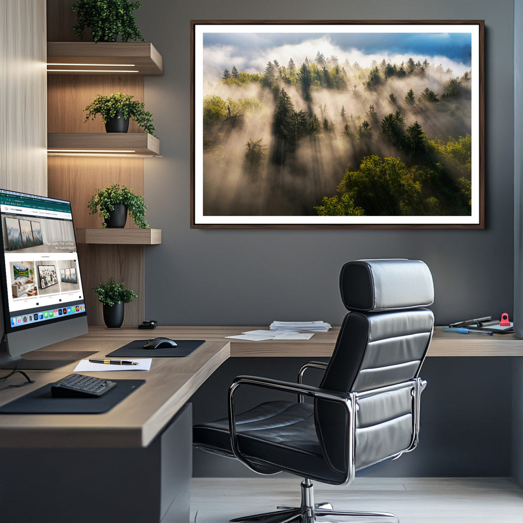 Tranquil Forest Scene Wall Art Canvas Print, Framed Moody Sunbeam Through Trees