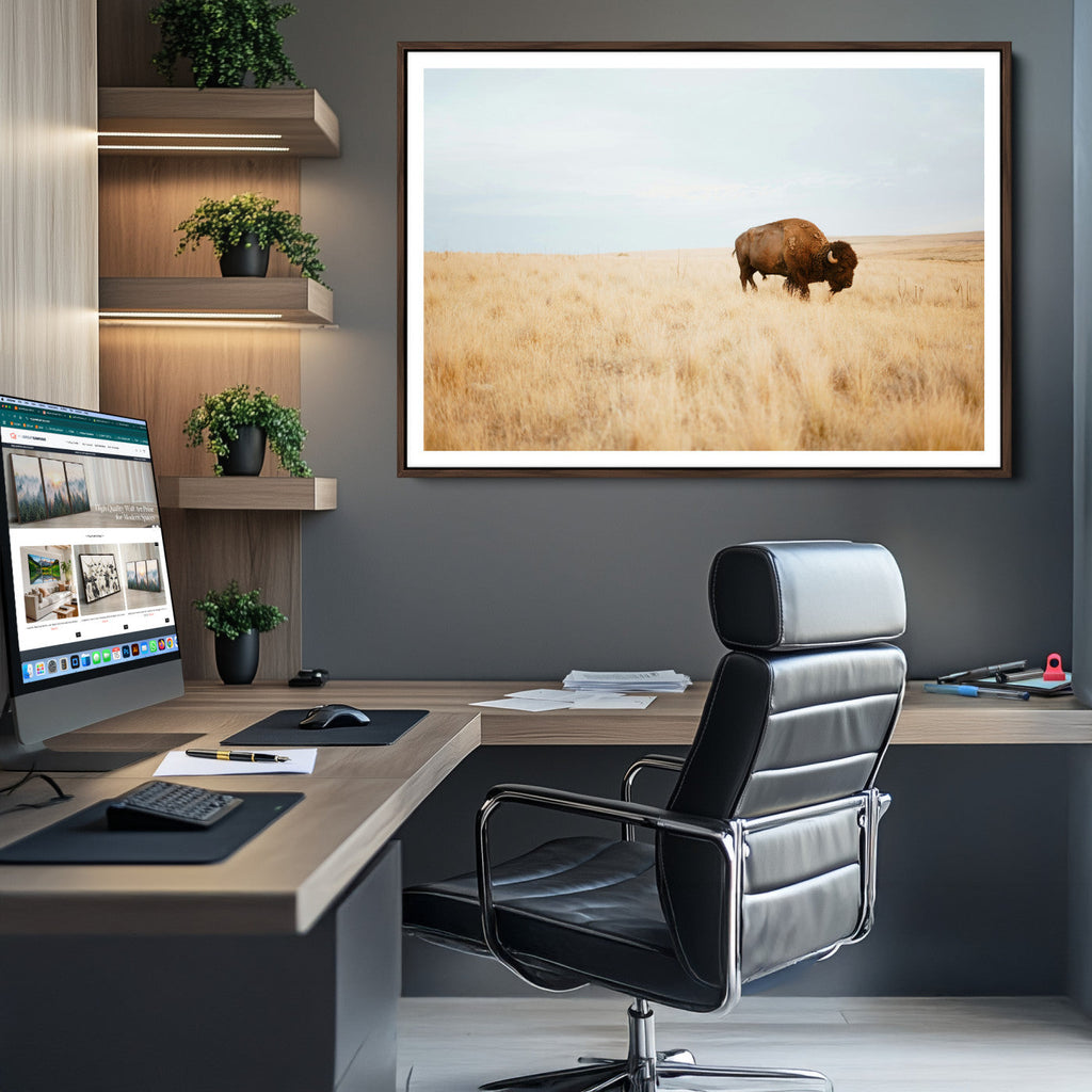 Buffalo Wall Art Canvas Print, Framed Western Wildlife Rustic Prairie Scene