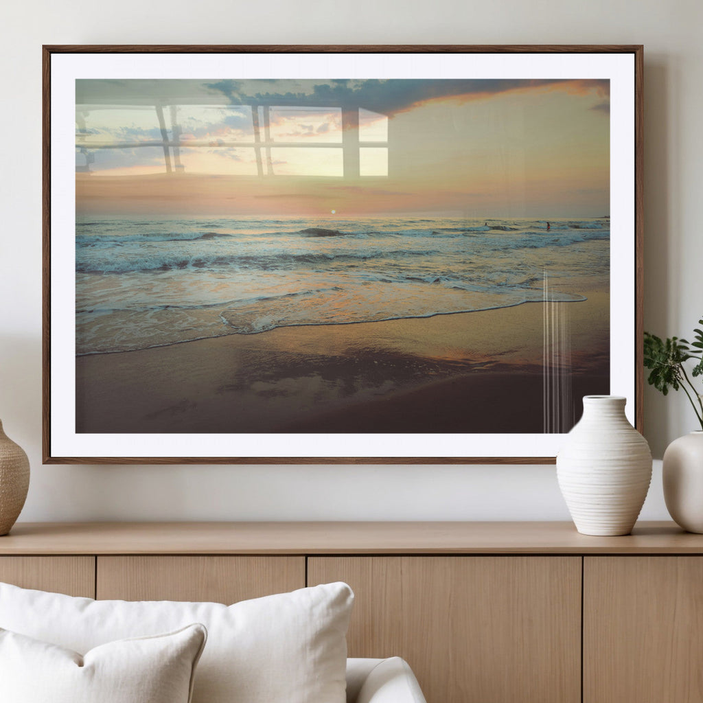 Sunset Seascape Wall Art Canvas Print, Framed Pastel Ocean View with Tranquil Shoreline