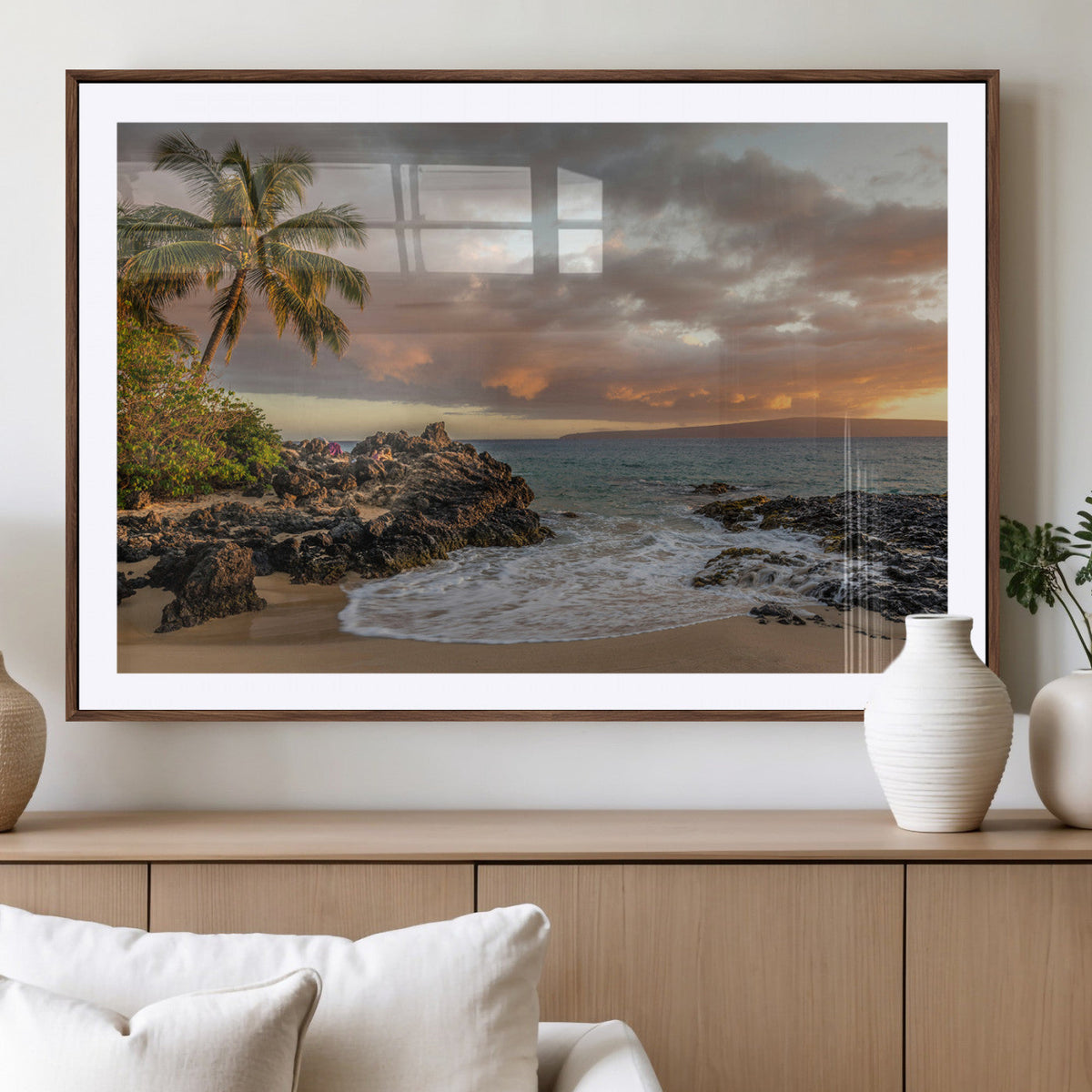Tropical Beach Wall Art Canvas Print, Vibrant Hawaiian Sunset with Ocean Waves