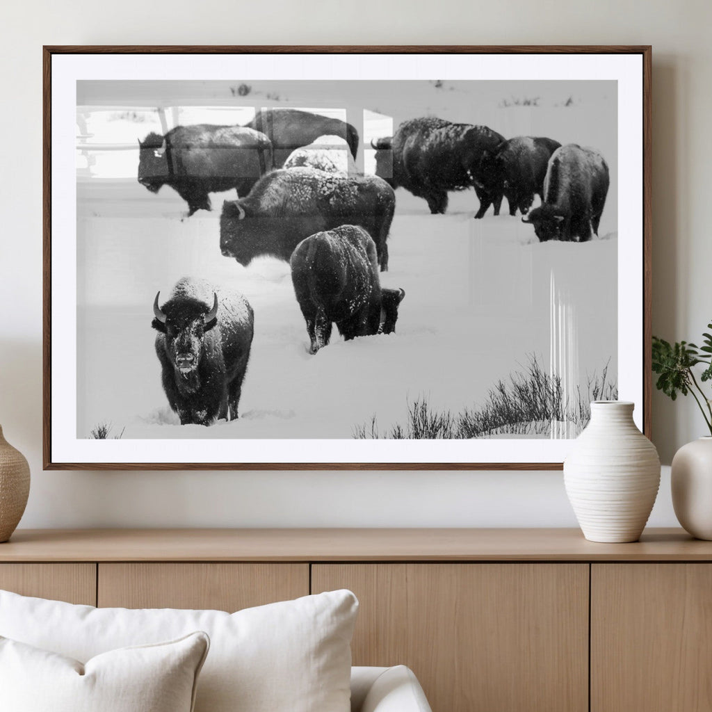 Buffalo Herd Wall Art Canvas Print, Framed Black and White Snowy Landscape