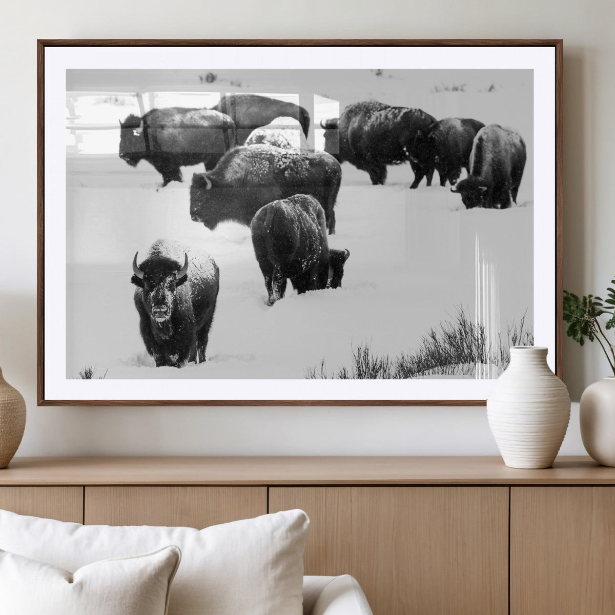 Buffalo Herd Wall Art Canvas Print, Framed Black and White Snowy Landscape