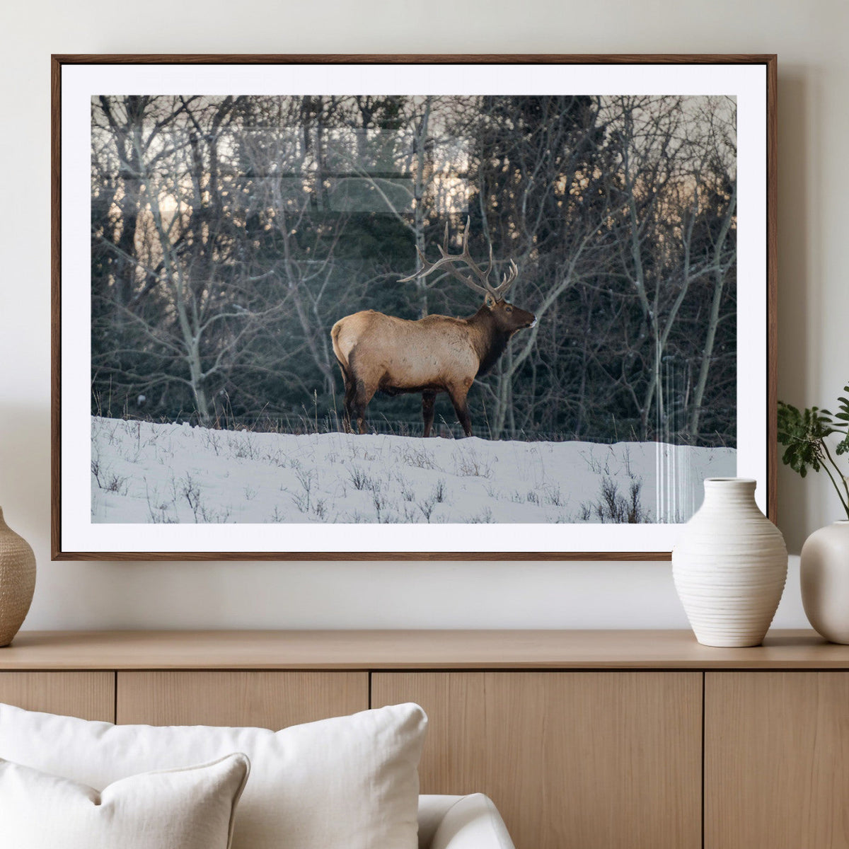 Wild Elk Wall Art Canvas Print, Framed Winter Wildlife in a Snowy Forest