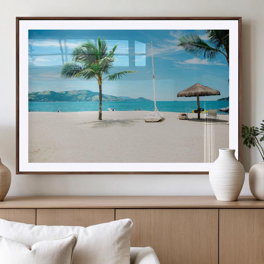 Tropical Beach Wall Art Canvas Print, Framed Palm Tree Ocean View with Calm Waves