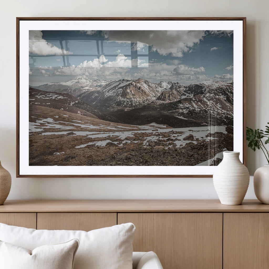 Mountain Landscape Wall Art Canvas Print, Framed Snowy Peaks Art, Rugged Highlands Rustic Adventure Decor