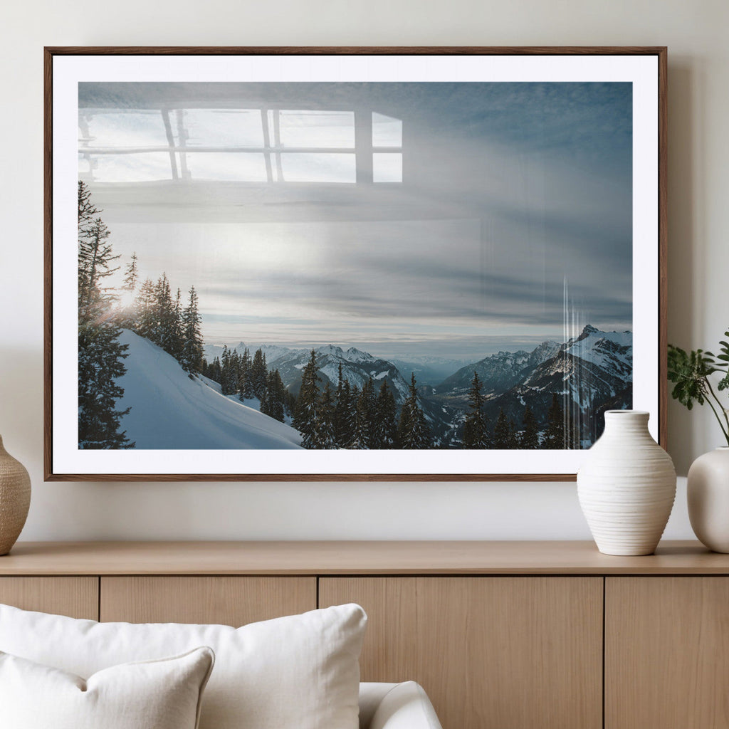Snowy Mountains Wall Art Canvas Print, Framed Alpine Landscape Frosty Peaks Artwork