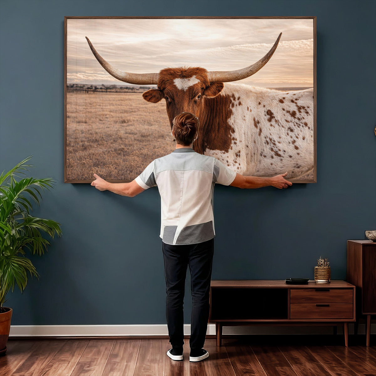 Texas Longhorn Cow Canvas Wall Art, Majestic Bull on a Rustic Western Farm