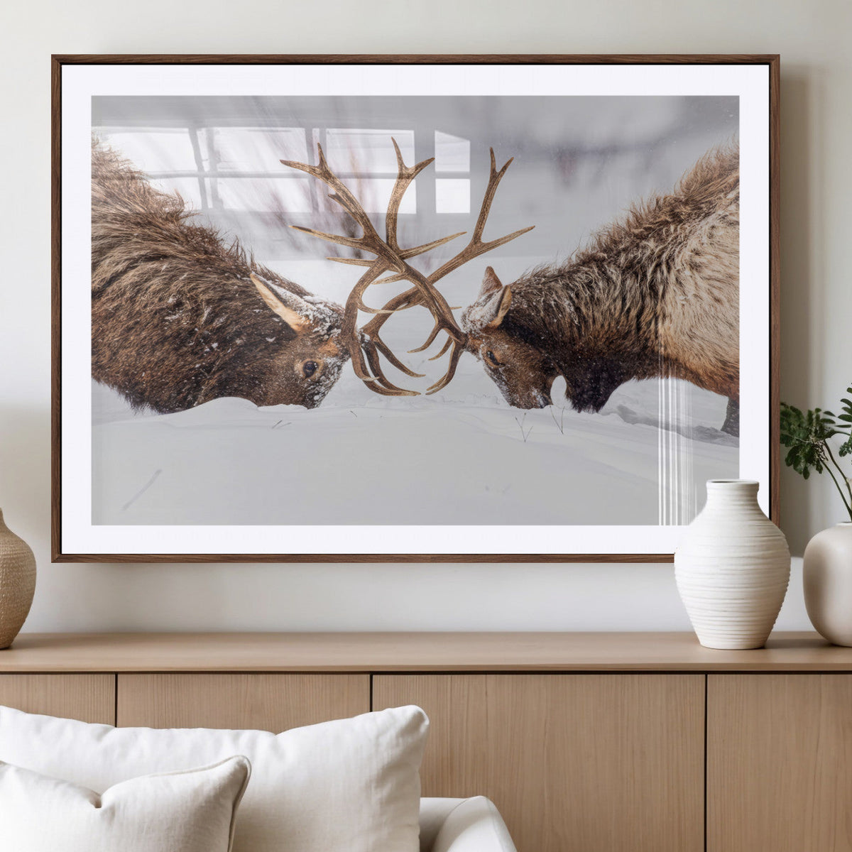 Dramatic Elk Antler Battle Wall Art Canvas Print, Snowy Wildlife Scene