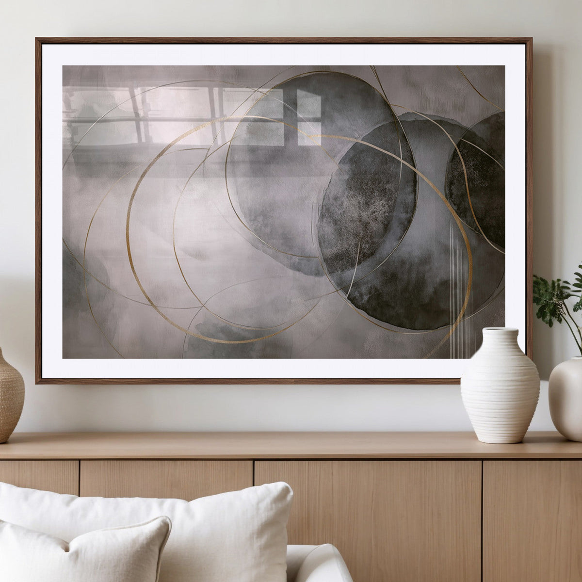 Abstract Grey Gold Wall Art | Modern Geometric Canvas