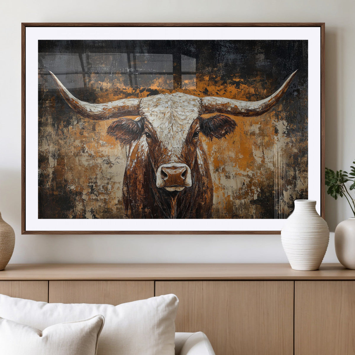 Abstract Longhorn Bull Wall Art Canvas Print, Vintage Western Texas Steer Artwork