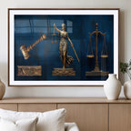 Lady Justice Wall Art Canvas Print, Elegant Gold Legal Symbols on Blue, Law Office Decor