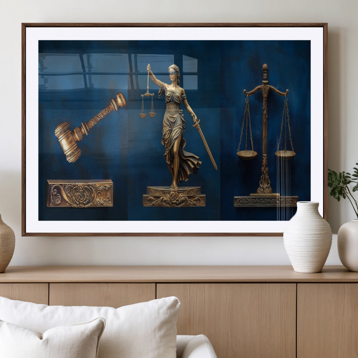 Lady Justice Wall Art Canvas Print, Elegant Gold Legal Symbols on Blue, Law Office Decor
