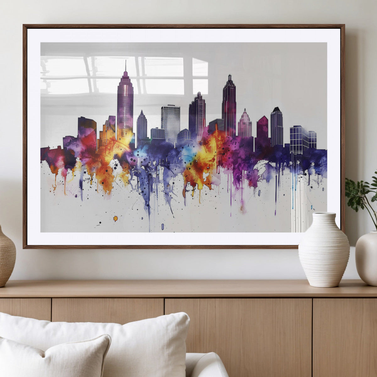 Atlanta Skyline Wall Art Canvas Print, Framed Colorful Watercolor Cityscape