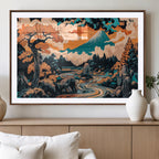 Japanese Landscape Wall Art Canvas Print, Mount Fuji with Flowing River and Autumn Trees