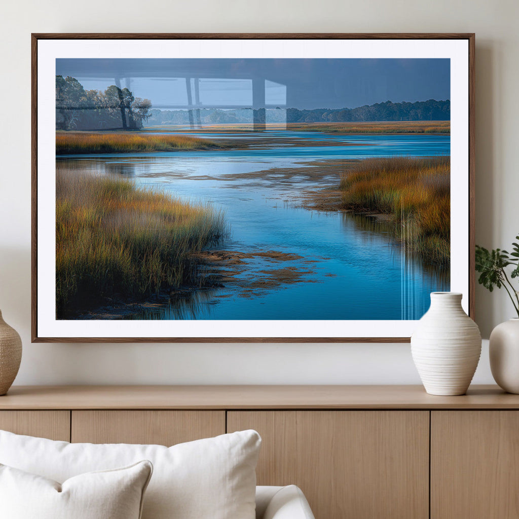 Tranquil Marshland Wall Art Canvas Print, Blue Water Reflecting Sky and Golden Grasses