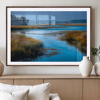 Tranquil Marshland Wall Art Canvas Print, Blue Water Reflecting Sky and Golden Grasses
