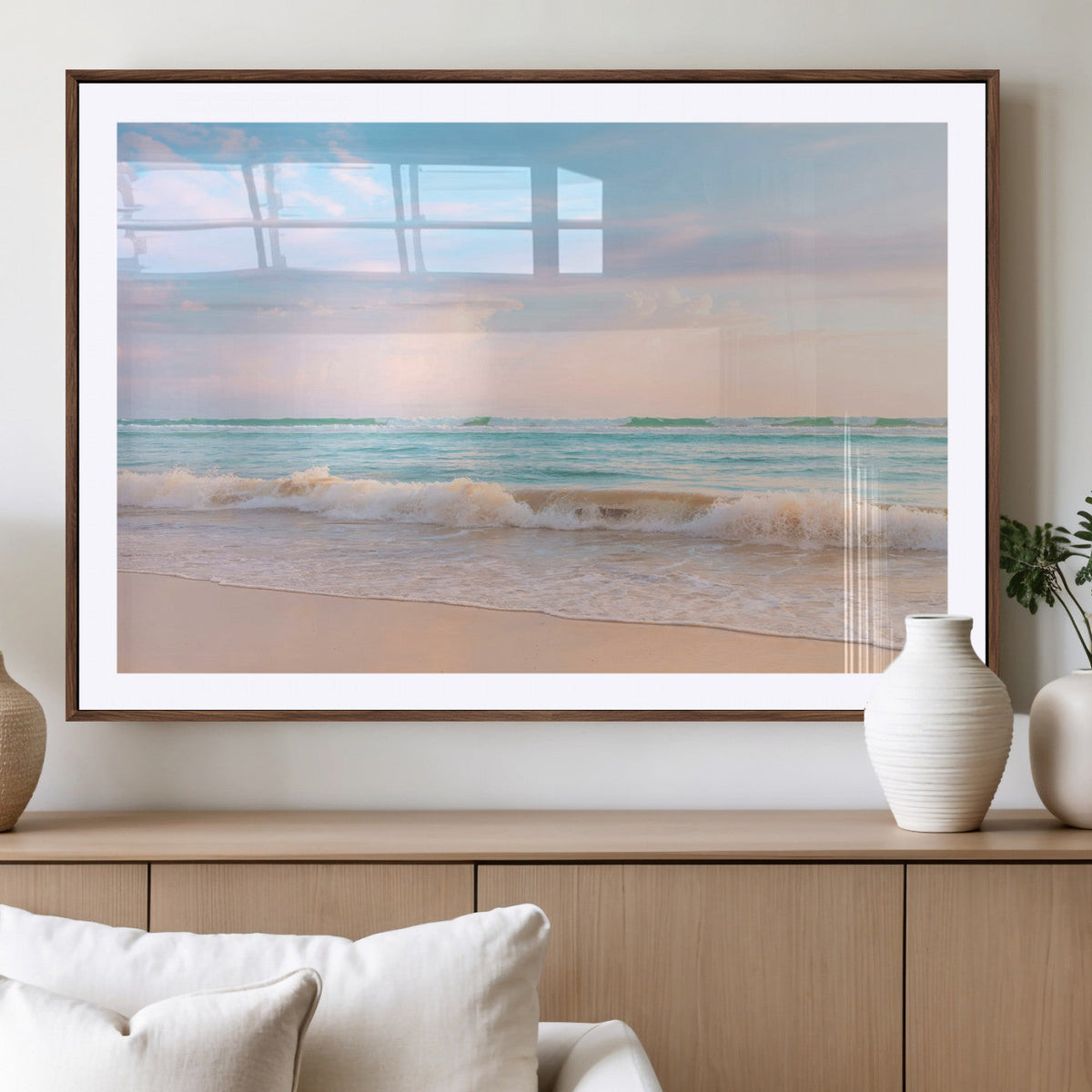 Serene Ocean Waves Wall Art Canvas Print, Pastel Sky Over a Soft Sand Beach