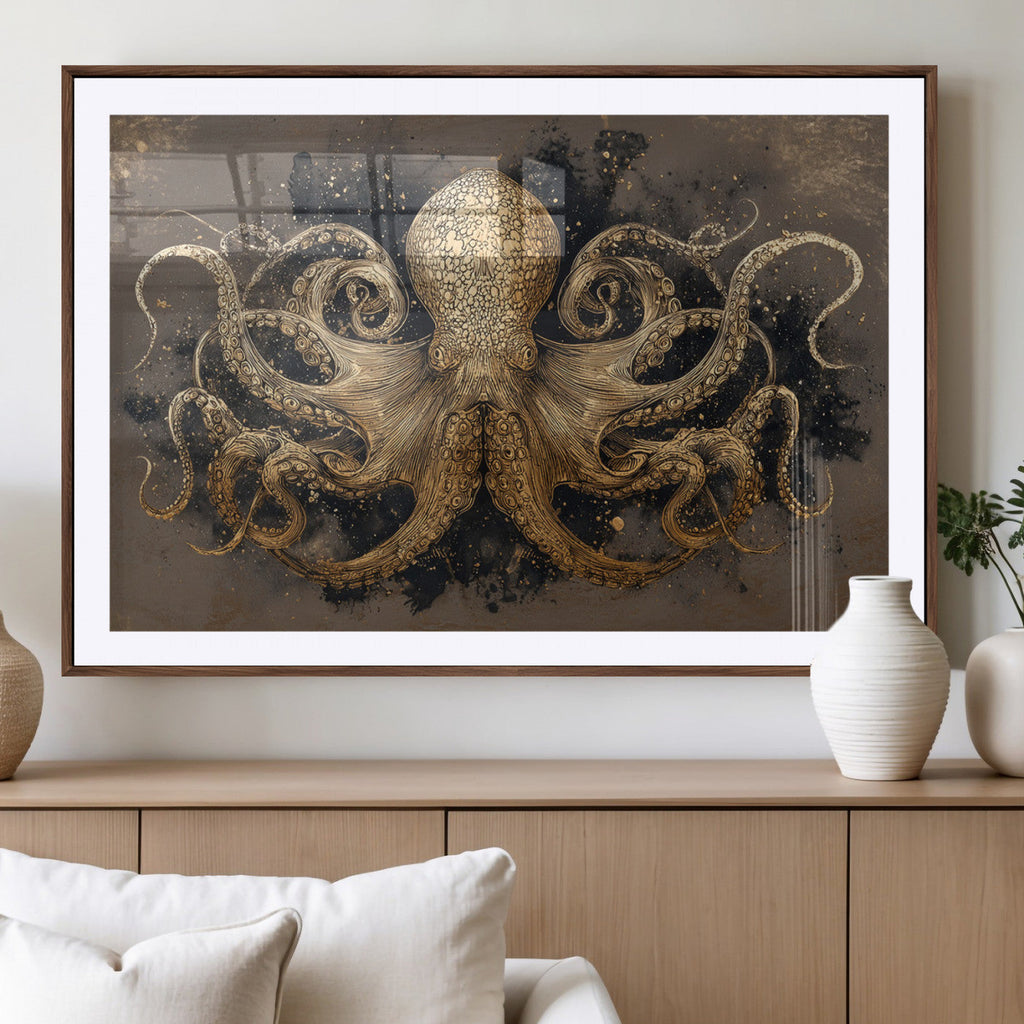 Octopus Wall Art Canvas Print, Black and Gold Detailed Tentacles Nautical Illustration