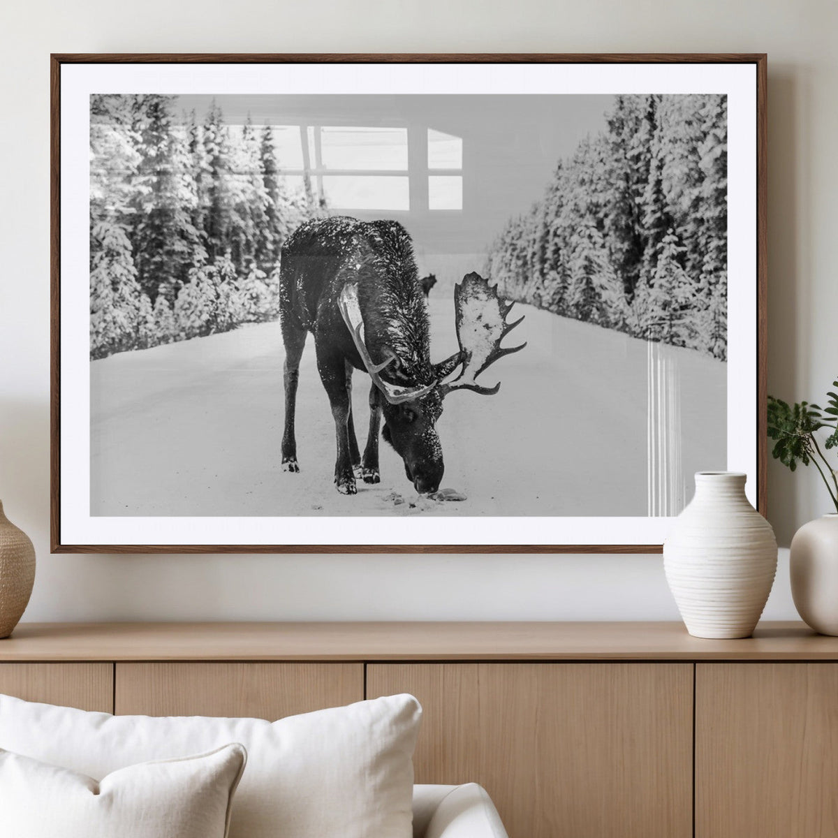Moose Wall Art Canvas Print, Winter Moose with Antlers in a Snowy Forest