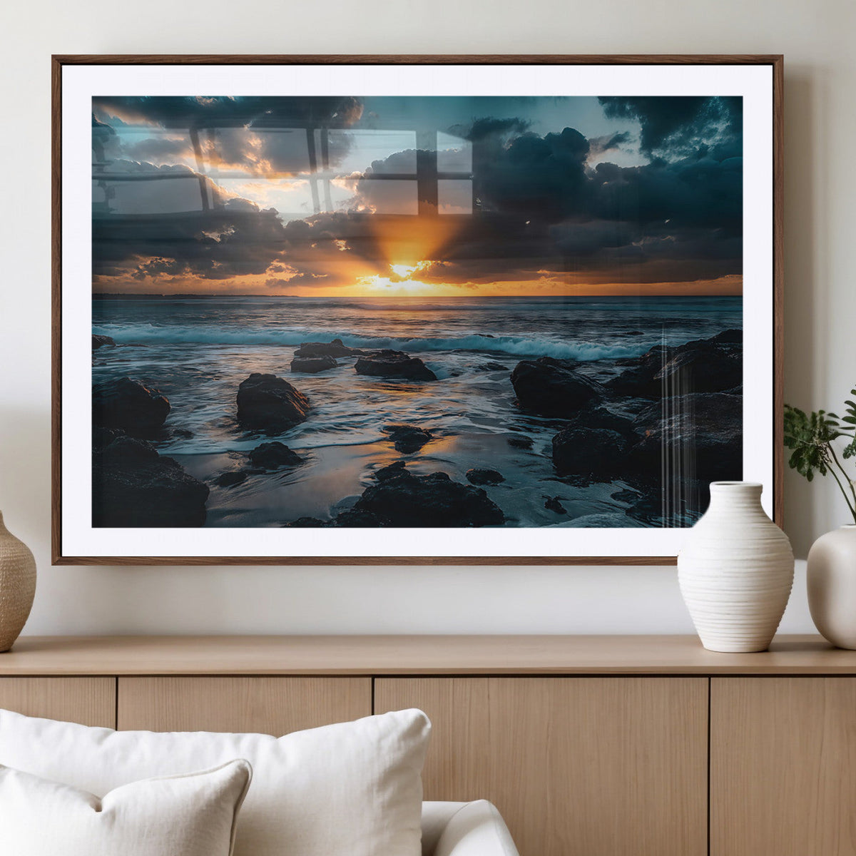 Ocean Sunset Wall Art Canvas Print, Rocky Shore Waves and Golden Sun Rays