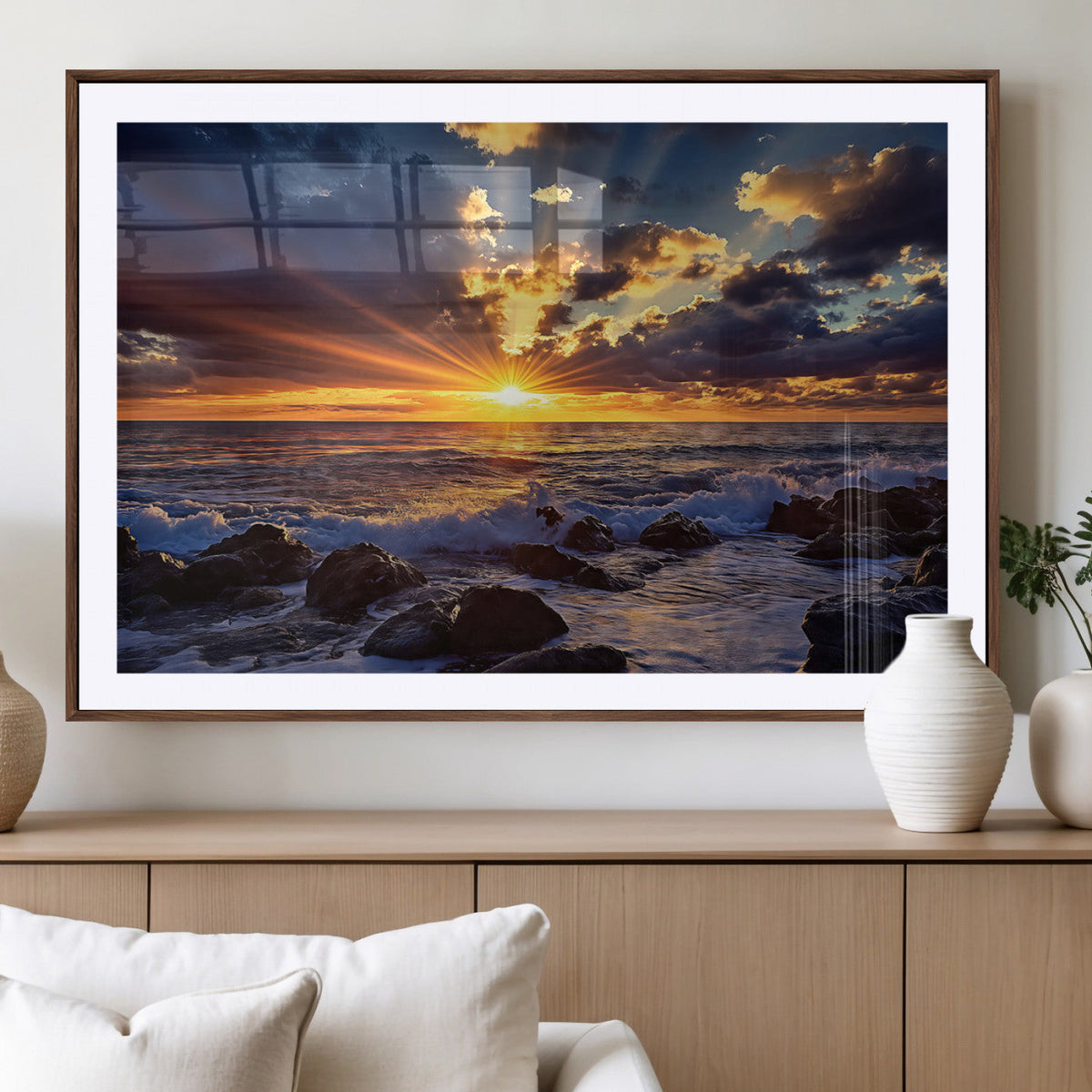 Sunset Ocean Wall Art Canvas Print, Waves on a Rocky Shore Under Dramatic Sky