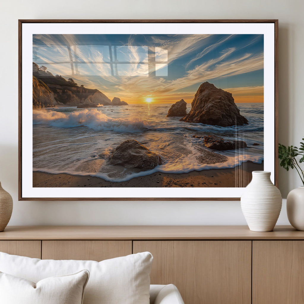 Rocky Ocean Sunset Wall Art Print, Seaside Canvas with Dramatic Seascape