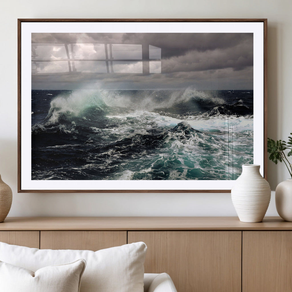 Stormy Ocean Waves Canvas Wall Art, Framed Turbulent Sea Nature Print