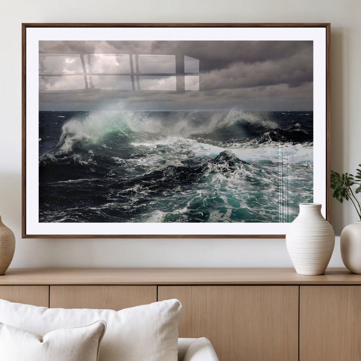 Stormy Ocean Waves Canvas Wall Art, Framed Turbulent Sea Nature Print