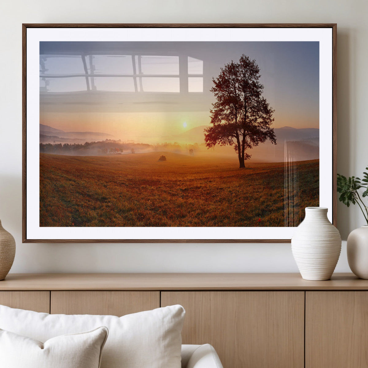 Golden Sunrise Landscape Canvas Wall Art, Framed Misty Field Nature Print