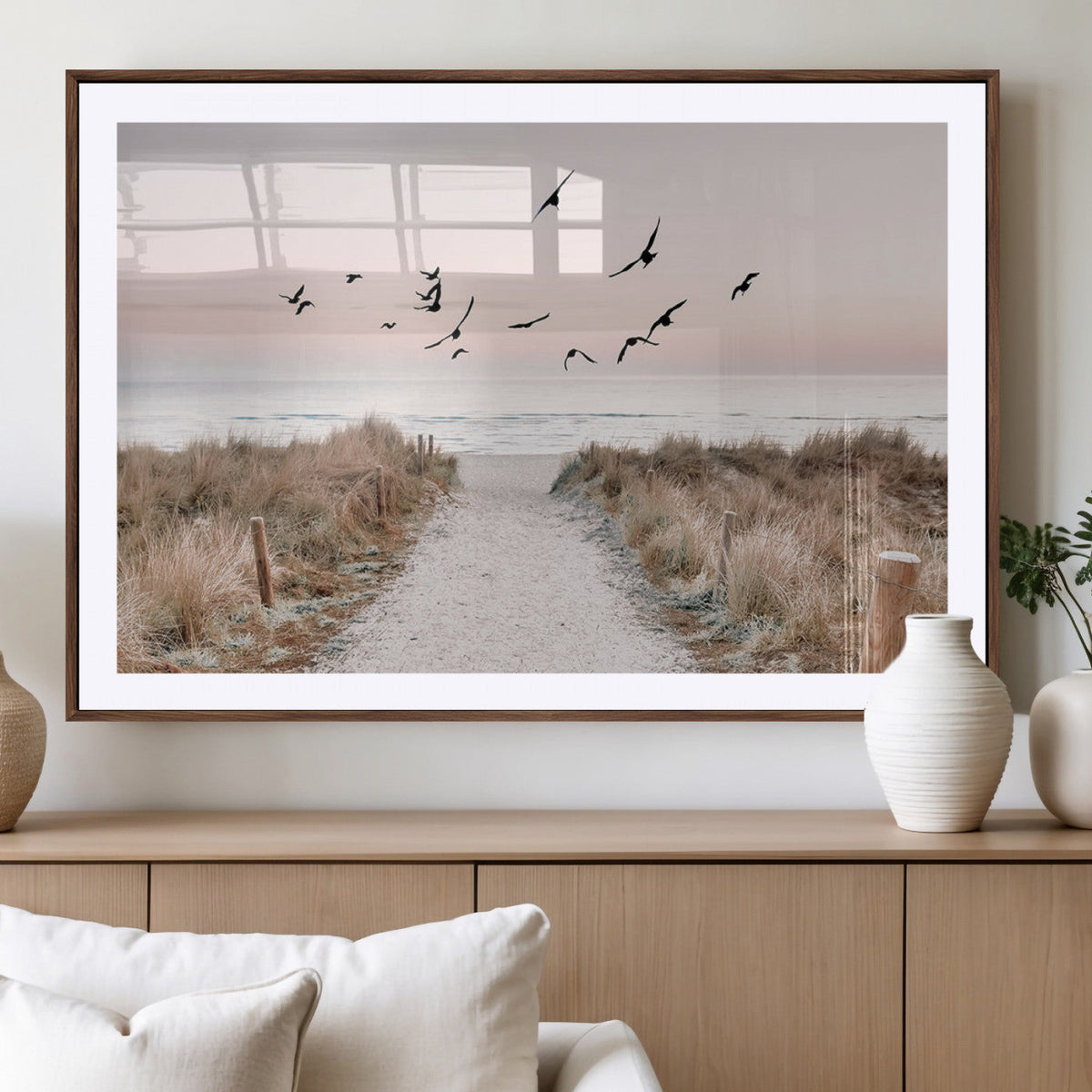 Coastal Pathway Canvas Wall Art Print, Framed Seaside Landscape with Beach and Birds
