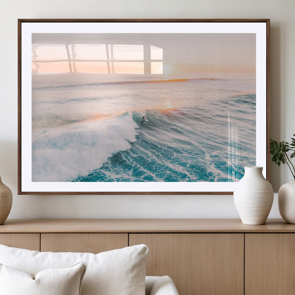 Sunset Surfing Wall Art Canvas Print, Ocean Wave Surfer with Golden Sky