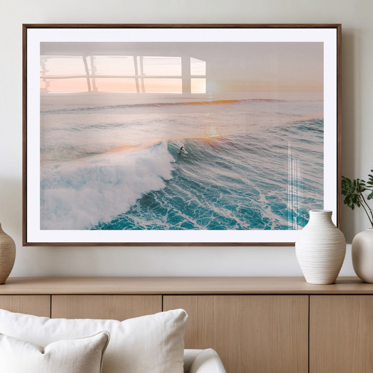 Sunset Surfing Wall Art Canvas Print, Ocean Wave Surfer with Golden Sky