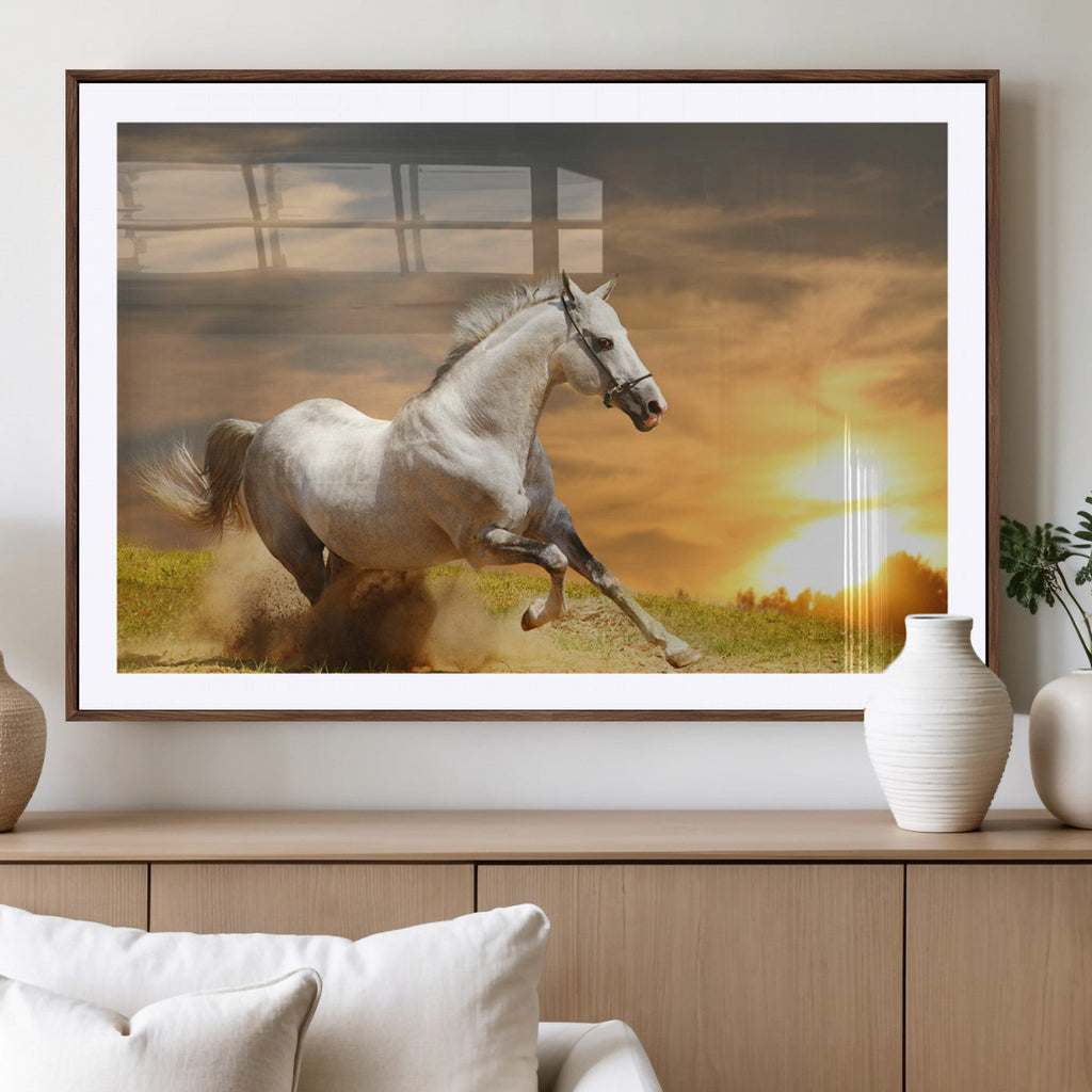 White Horse Running Canvas Sunset Wall Art