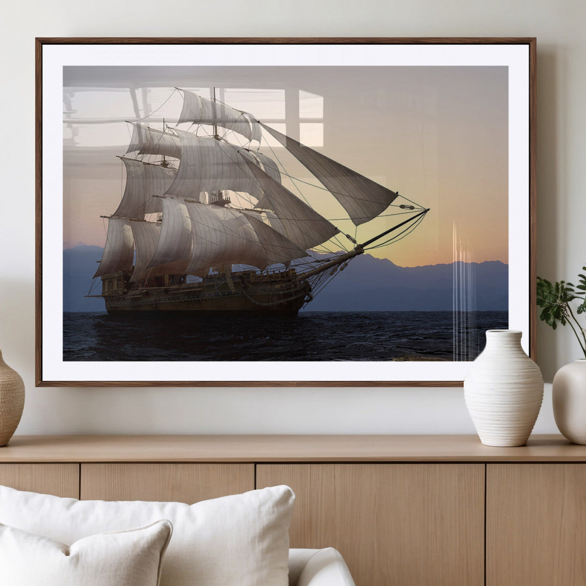 Majestic Sailing Ship Wall Art Canvas Print, Sunset Ocean Voyage with Tall Ship