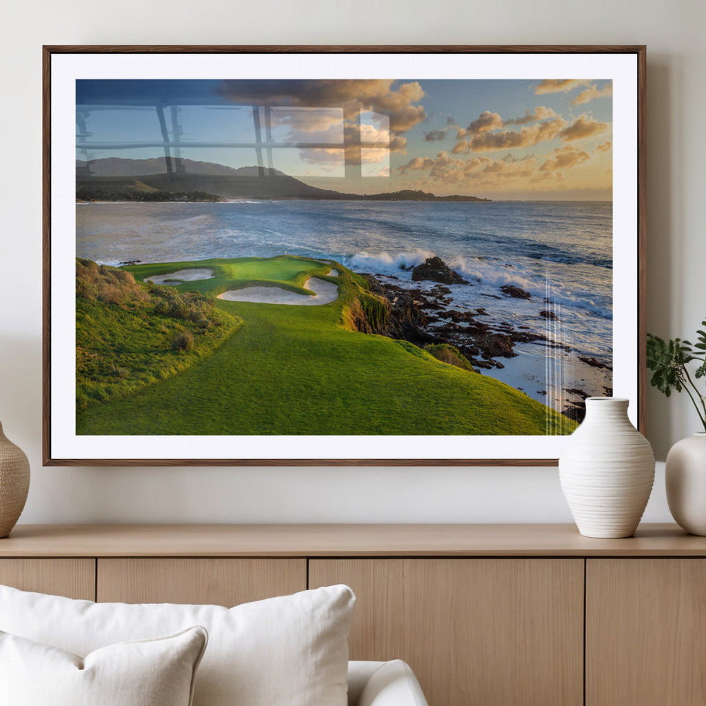 Coastal Golf Course Wall Art Canvas Print, Sunset with Rolling Green Fairways and Ocean Waves