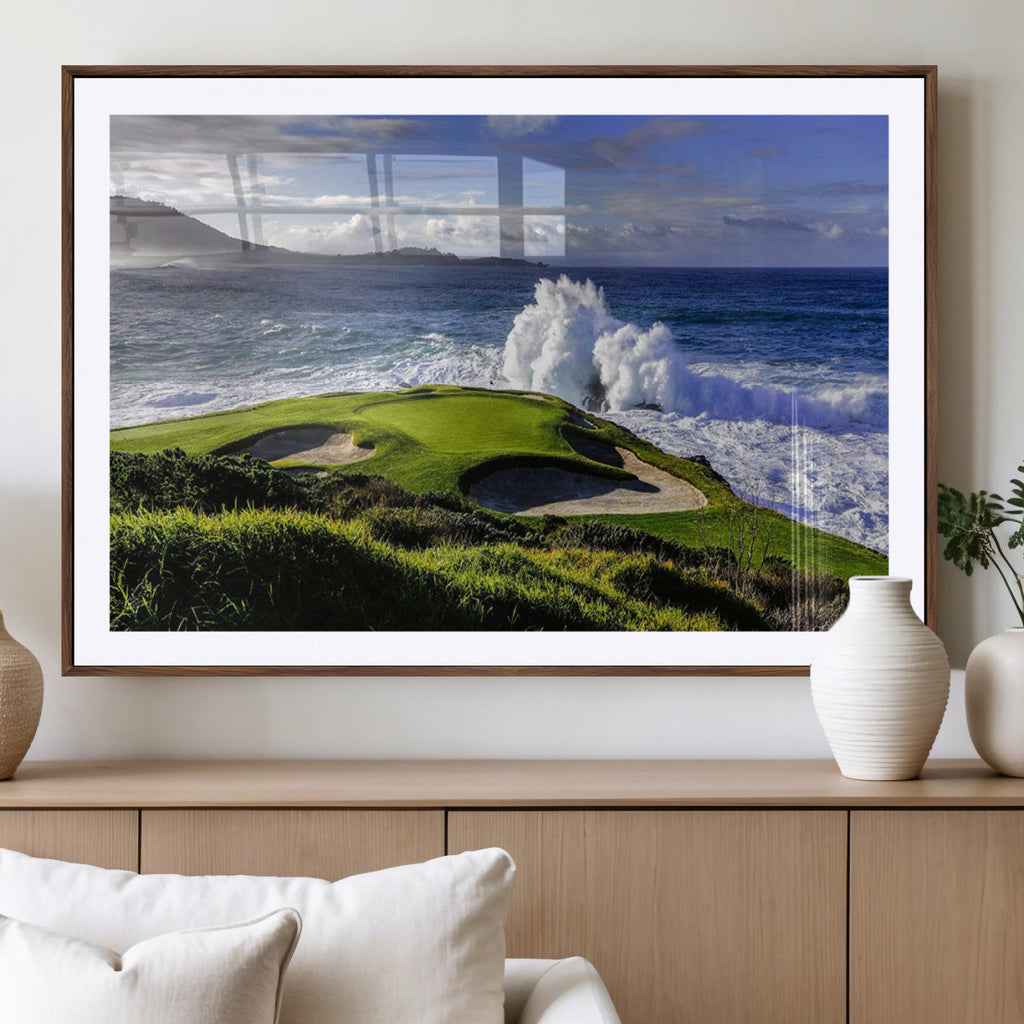 Ocean Waves Crashing Wall Art Canvas Print, Dramatic Rocky Coastline Near a Golf Course