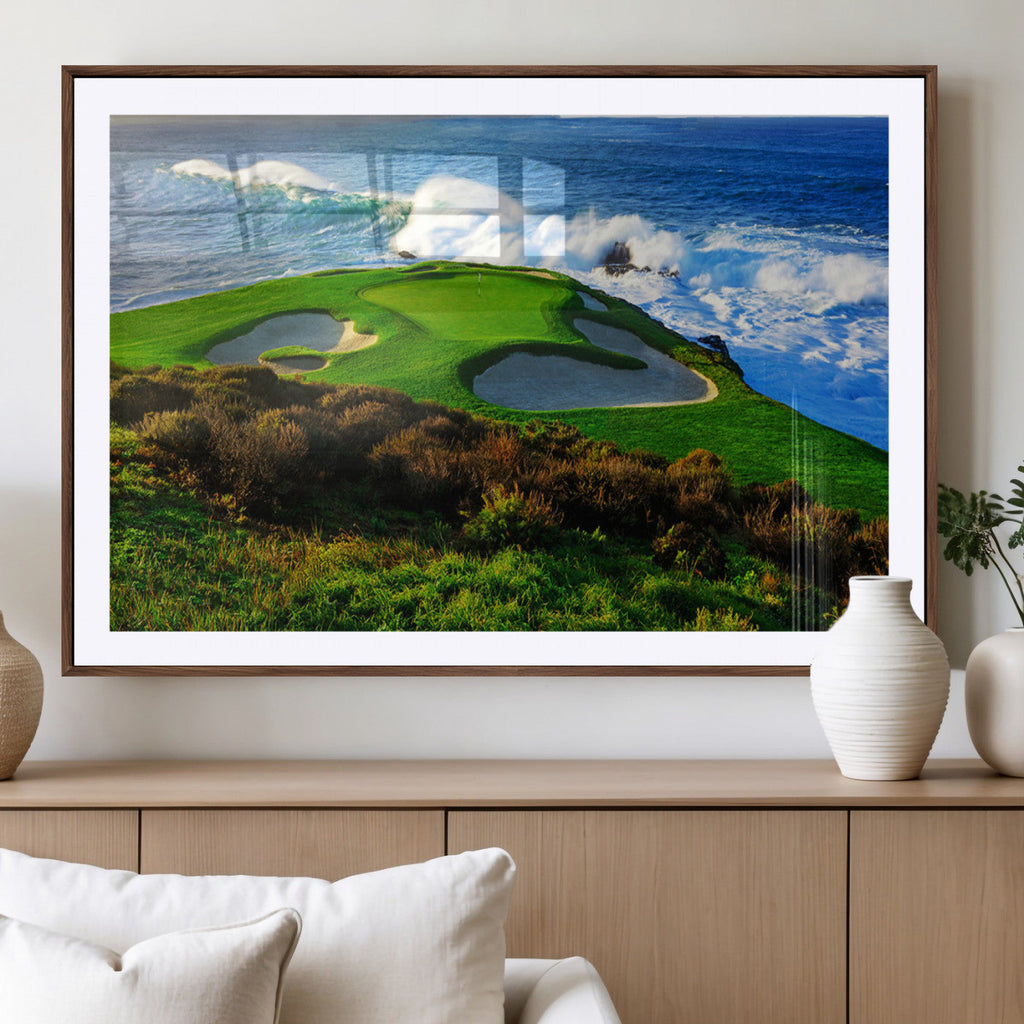 Coastal Golf Course Wall Art Canvas Print, Vibrant Green with Sand Bunkers and Ocean Waves