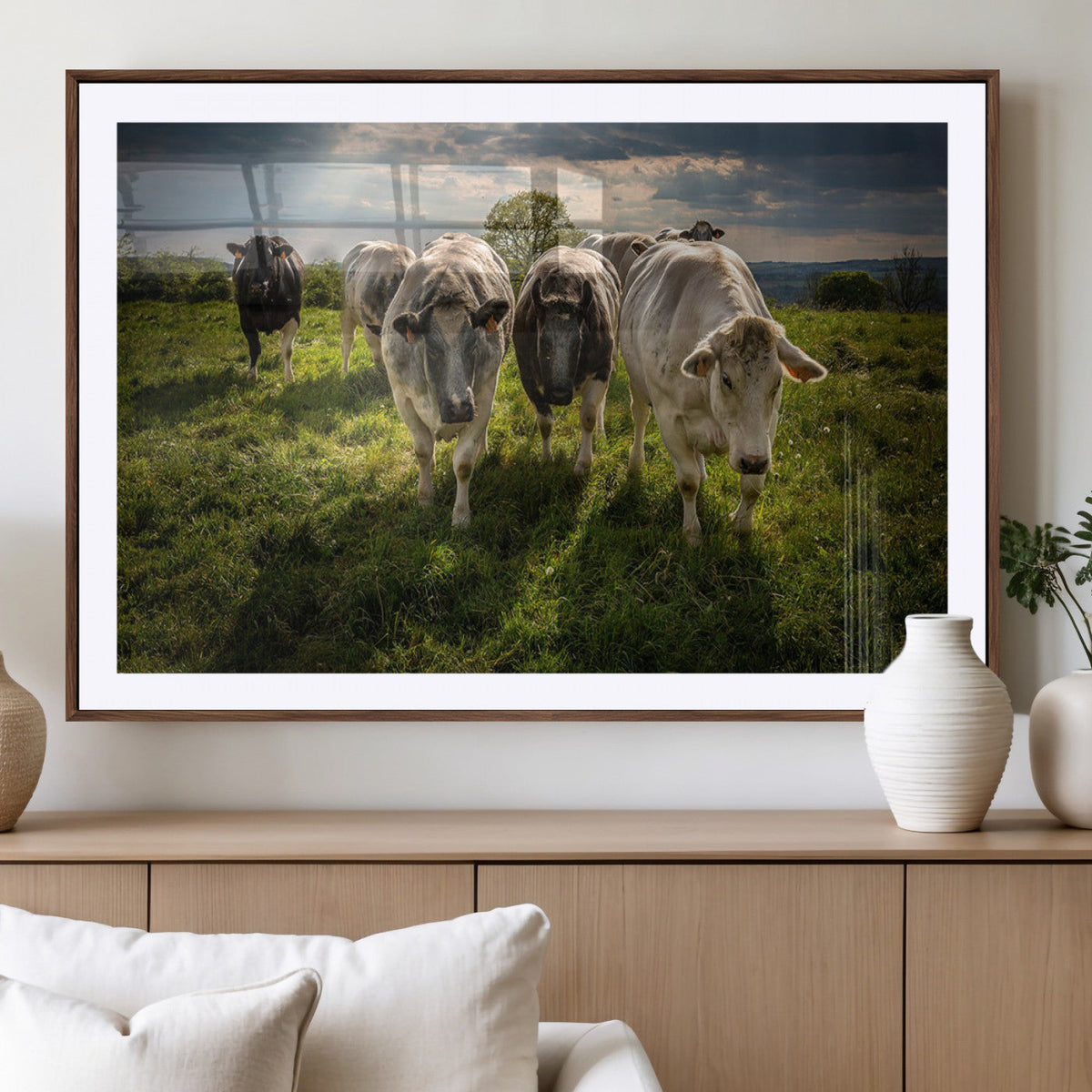 Grazing Cattle Herd Wall Art Canvas Print, Framed Green Pasture Farm Scene