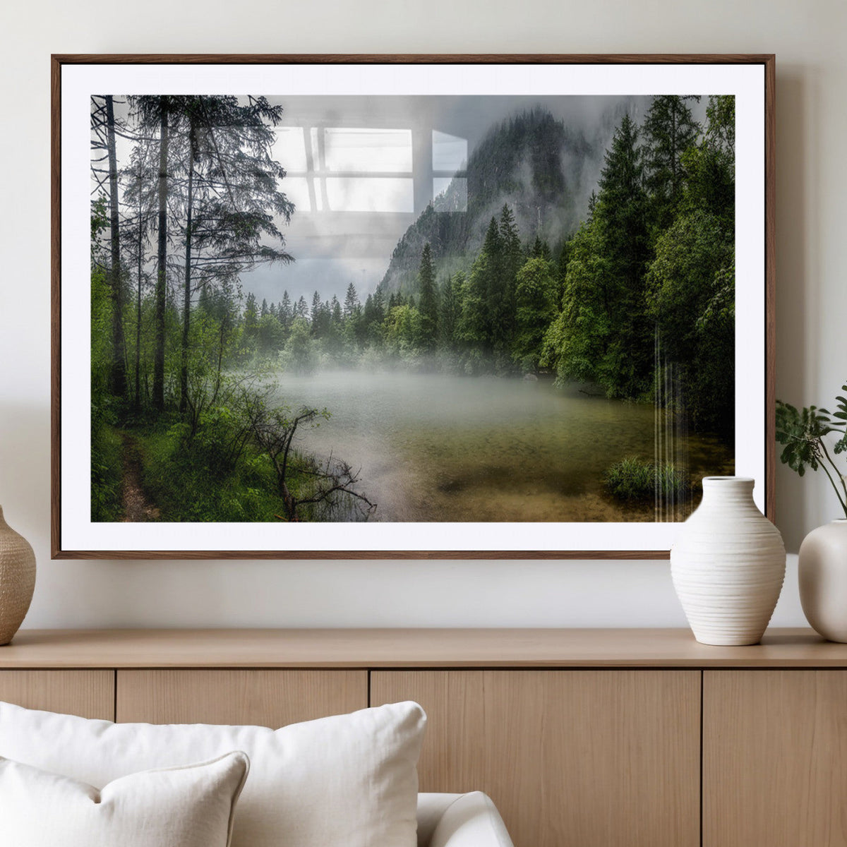 Misty Lake Forest Wall Art, Green Trees and Calm Water Reflection, Mountain Fog Landscape Canvas