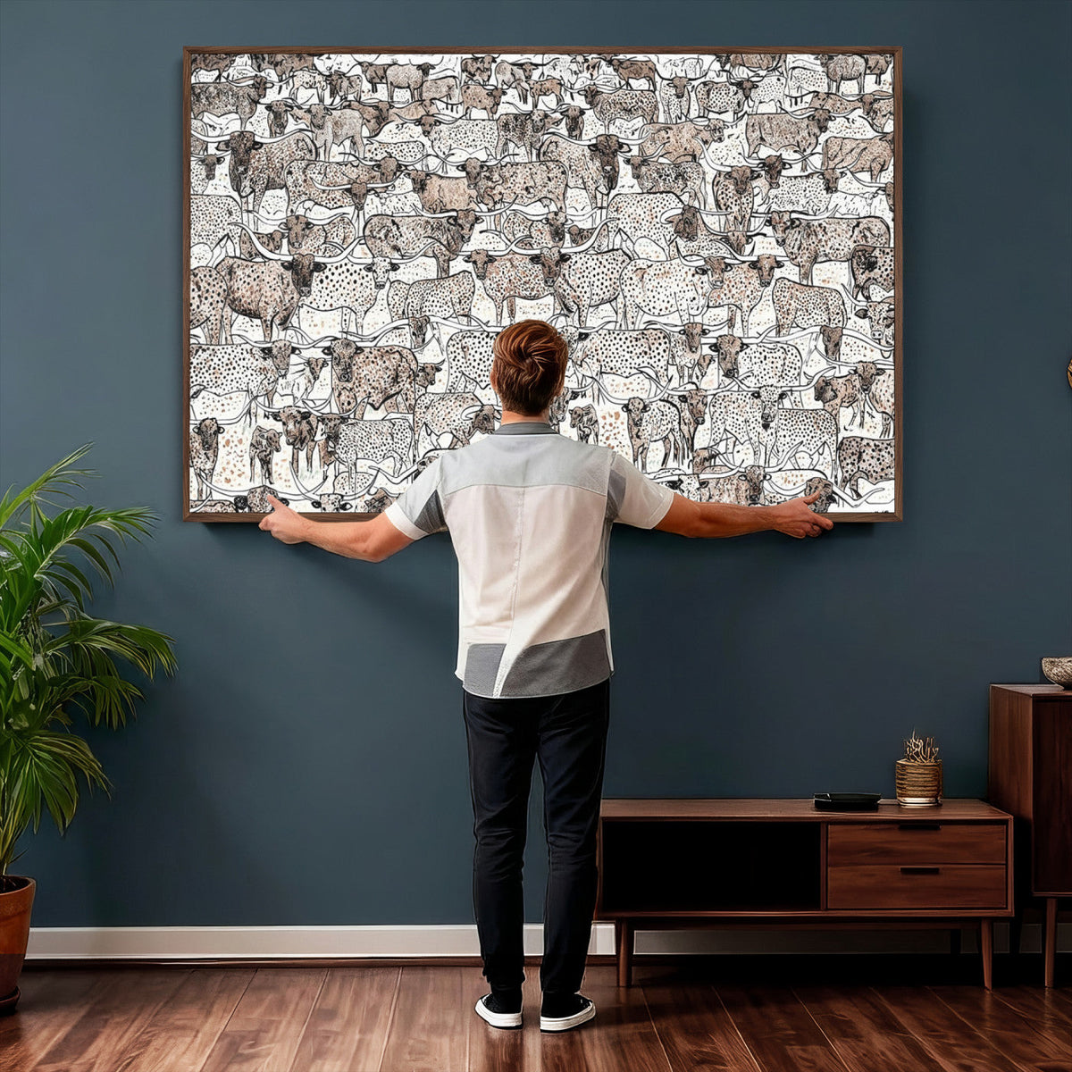 Abstract Texas Cow Wall Art Canvas Print, Farm Longhorn Art for Cabin Decor