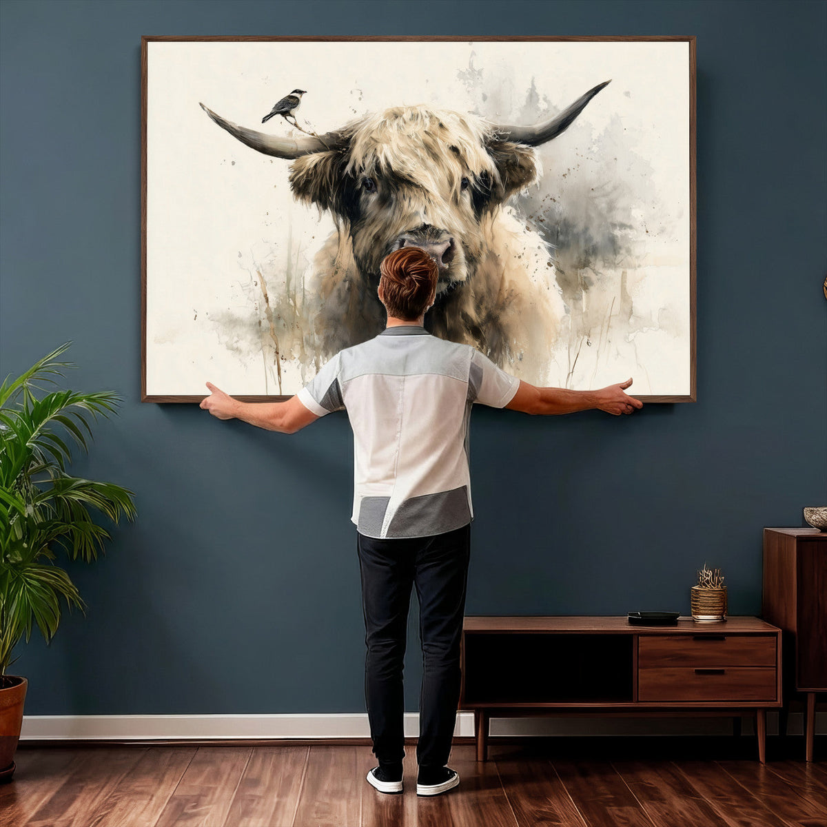 Abstract Highland Cow Wall Art Canvas Print, Rustic Farm Cattle Portrait
