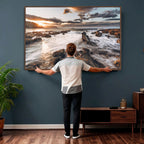 Rocky Coast Ocean Sunset Wall Art Canvas Print, Dramatic Seascape Nature Decor