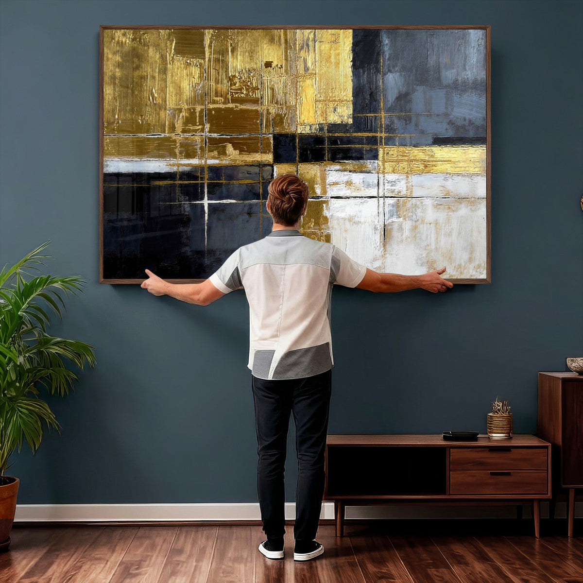 Gold Navy Abstract Wall Art Canvas Print, Modern Luxury Geometric Art for Living Room and Office