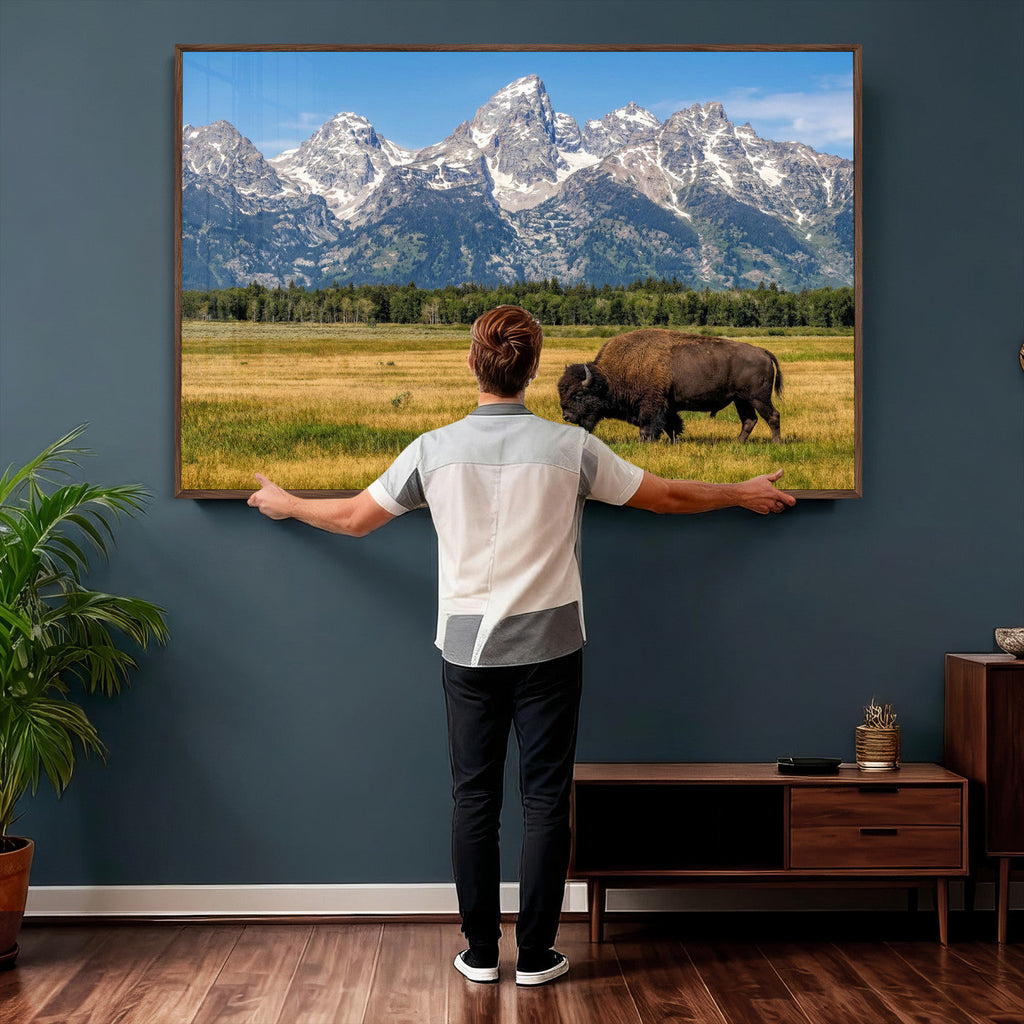Bison in Mountain Landscape Wall Art Canvas Print, Western Decor