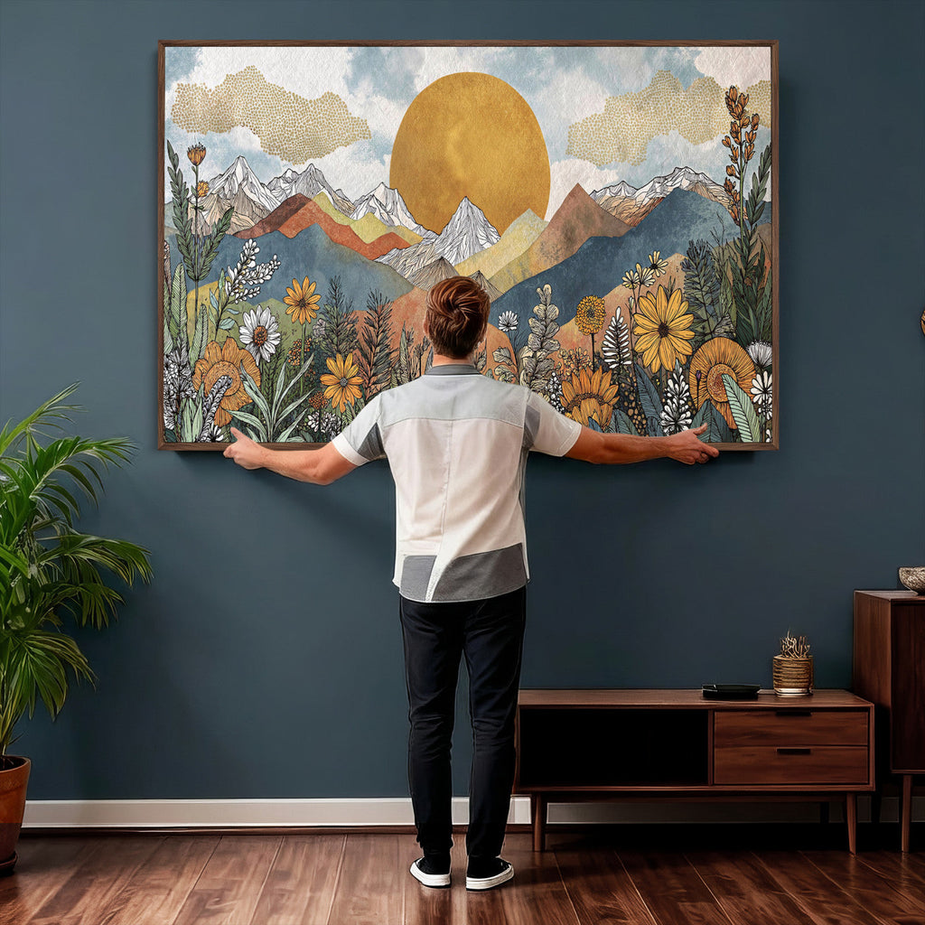Boho Mountain Landscape Large Wall Art, Horizontal Gold Sun and Flowers Print